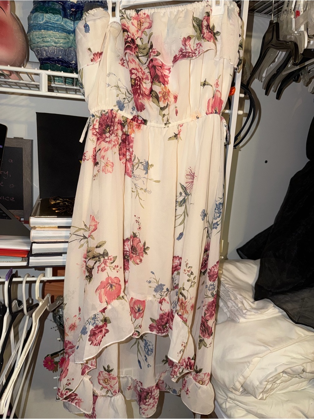 Rue21 Cream Strapless High-Low Dress with Pink & Green Floral Print